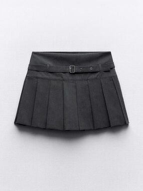 ZARA Dark Gray Pleated Mini Skirt with Belt Detail